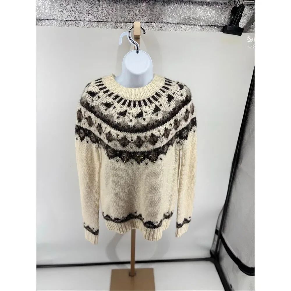 LOFT Fair Isle Rhinestone Embellished Crew Neck Sweater Size Small Ivory